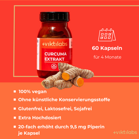 Kurkuma – Kombination aus Kurkuma-Extrakt, Kurkuma-Pulver und Piperin - 60 Kapseln