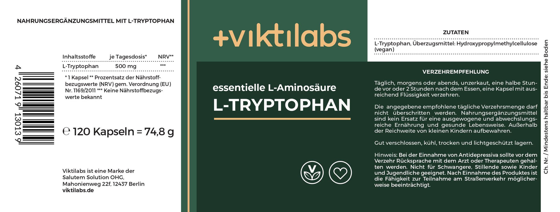 L-Tryptophan – Pflanzliche essenzielle Aminosäure - 120 Kapseln