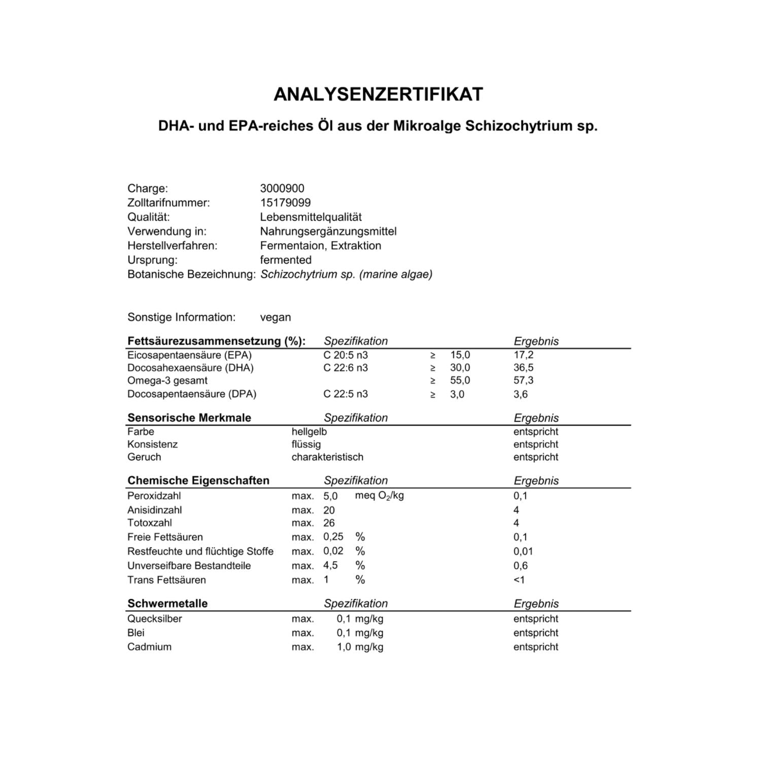 Analysezertifikat Omega 3 Öl Vegan